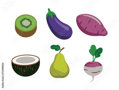 Vector icon set of Melon, Mustard Greens, Tangerine, Chestnut, Strawberry, Daikon