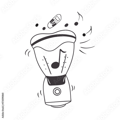 Blender with musical notes and flying ingredients in black and white  