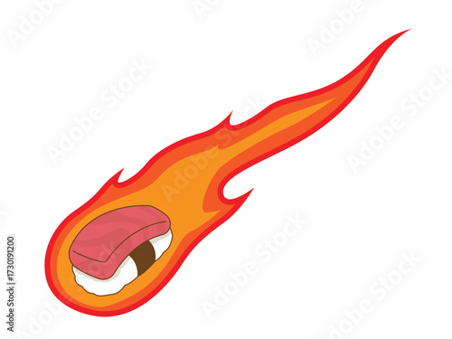 Vector illustration of a hot sushi with fire elements surrounding it