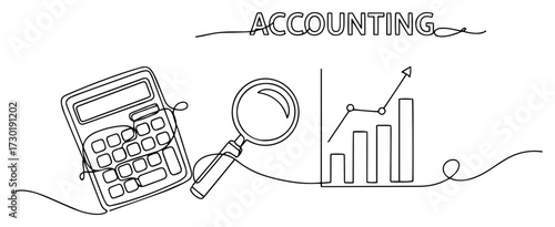 Accounting Concept with Calculator and Graph in One Line Art