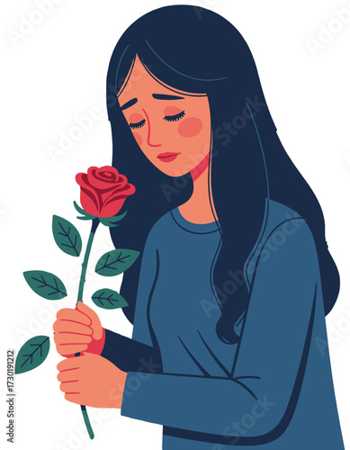 Sad Woman Holding Rose Losing Love Relationship Heartbreak Loneliness Melancholy Feelings