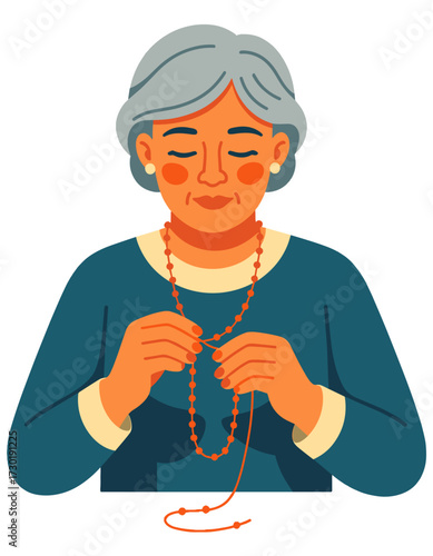 Elderly Woman Holding Rosary Beads Praying Flat Illustration