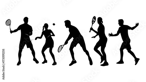 Silhouette of five tennis players in action with rackets and ball on a white background in a dynamic scene