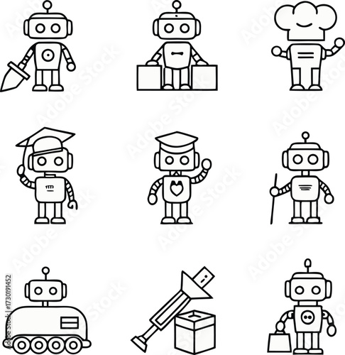 Playful robot icons convey innovation, education, and culinary arts with a futuristic, whimsical touch perfect for technology or learning projects