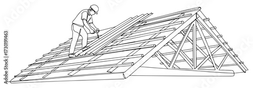 Construction Worker Building a Roof Structure Continuous Line Art