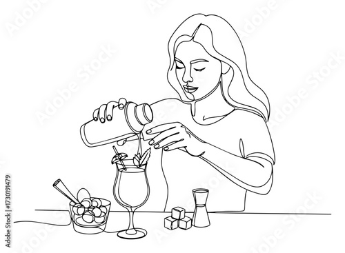 Female Bartender Making a Cocktail in a Continuous Line Drawing