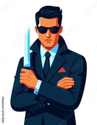 Dangerous Man Holding Knife Spy Agent Character Flat Design