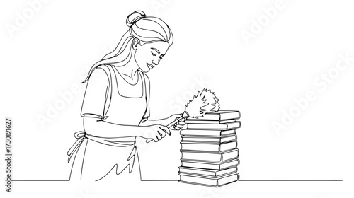 Woman Dusting a Stack of Books in One Continuous Line