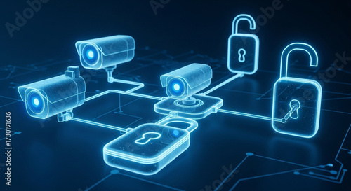 Security camera network with connected locks, symbolizing surveillance and protection in a digital age for safety