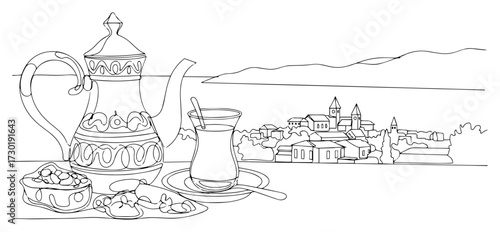 Traditional Turkish Tea with a View of a Coastal Town One Line Drawing