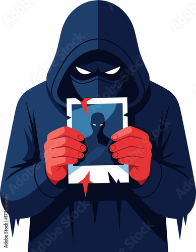 Hacker Character Holding Wanted Poster Criminal Anonymous Concept