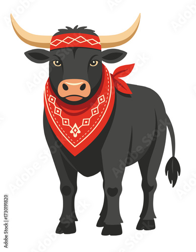 Cartoon Bull Character Red Bandana Horns Taurus Bull Flat Style