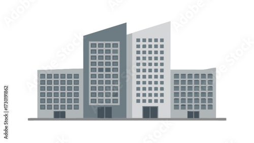 Illustration of a business complex with two tall buildings and two shorter buildings on the sides