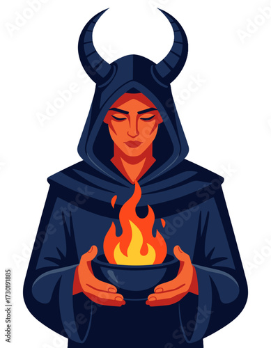 Horned Figure Holding Fire Dark Art Sorcerer Ritual Occult Illustration