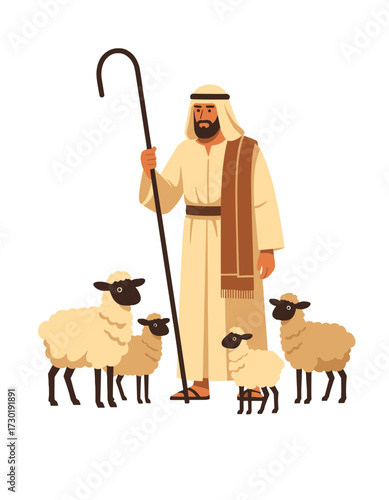 Shepherd with Flock of Adorable Sheep Traditional Religious Figure Leading Animals