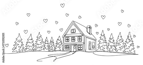 Cozy Winter House with Hearts Continuous One Line Drawing