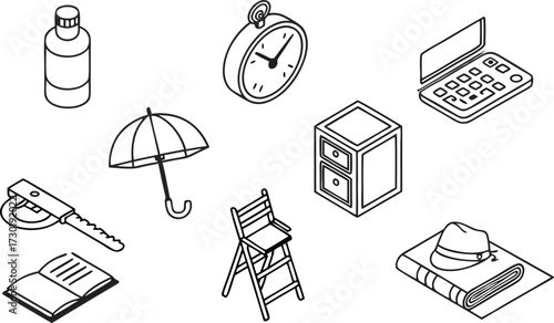 Collection of isometric business and everyday objects including laptop, clock, umbrella, and tools for modern concepts