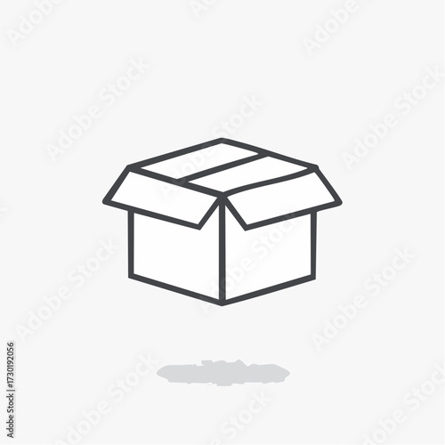 Minimalist outline icon of an open cardboard package, symbolizing delivery services, moving, online shopping, and storage