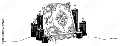 Magic Spell Book with Burning Candles Line Art Illustration