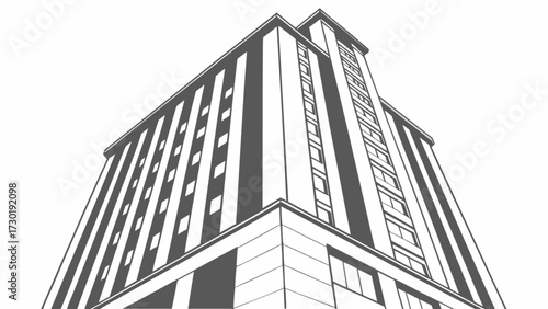 Low angle view of a tall building with many windows and a flat roof against a white background art