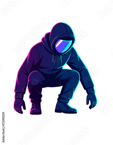 Cyberpunk Guy Squatting Hacker Esport Mascot Neon Synthwave
