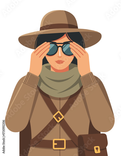 Female Safari Explorer Character Watching Binoculars Adventure Travel Discover