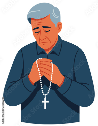 Elderly Man Praying Rosary Bead Necklace Religious Worship Devotion