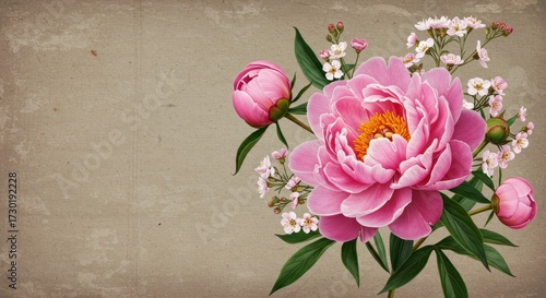 Pink peony wallpaper on linen beige — romantic floral mural with blooming peonies and delicate buds