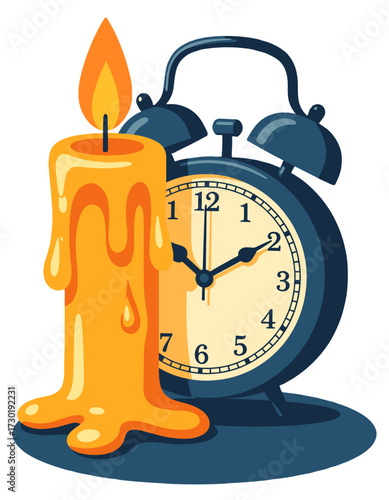 Burning Candle Vintage Alarm Clock Time Passing Concept Element