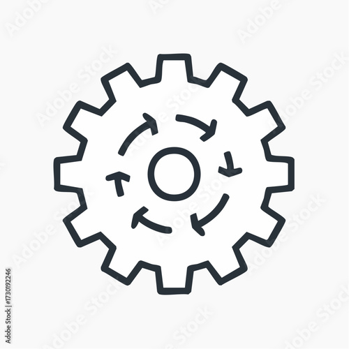 Continuity and operational flow represented by a circular arrow inside a gear mechanism, symbolizing ongoing processes, system optimization, and efficient workflow automation
