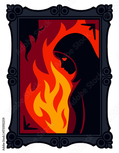 Dark Witch Hooded Figure Fire Flames Witchcraft Magic Sorcery Design