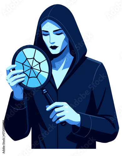 Mystery Woman Holding Spiderweb Magnifying Glass Dark Hooded Figure Magnifier