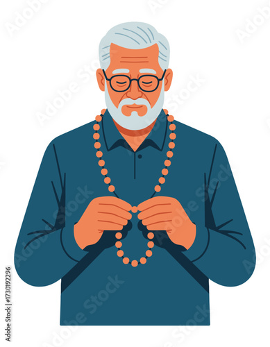 Elderly Man Praying Meditating Beads Religious Spiritual Ceremony