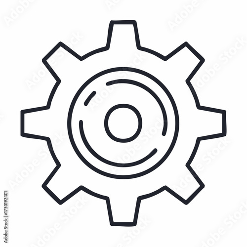 Outline of a single gear with internal concentric circles representing a mechanical component or a symbol of industry, engineering, and mechanics