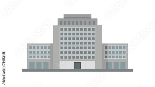 Illustration of a large gray building with many windows and a flat roof on a white background view