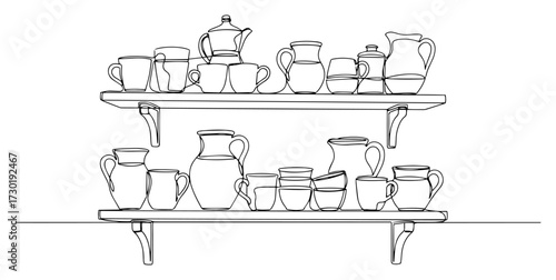 Continuous Line Drawing of Ceramic Pottery on Shelves