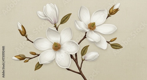 White magnolia wallpaper on natural beige — elegant floral mural with soft petals and subtle texture