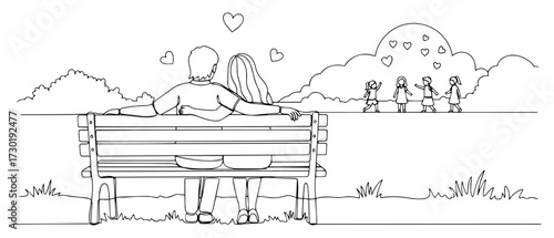 Family Scene with a Couple on a Bench Watching Children Play