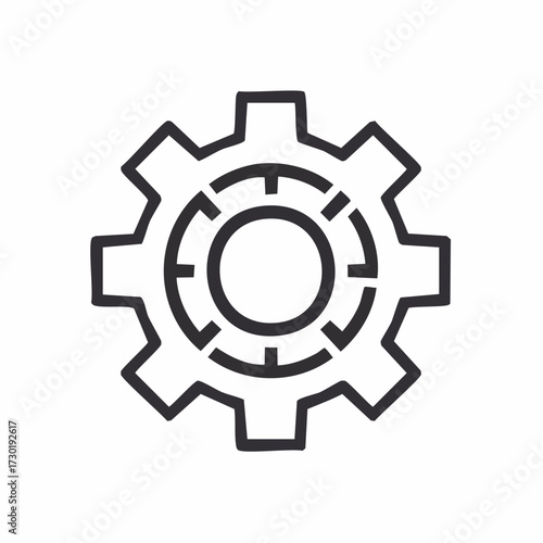 Modern line art gear icon representing system settings, configuration, and mechanical functionality. Ideal for technology, industry, process management, and digital design applications