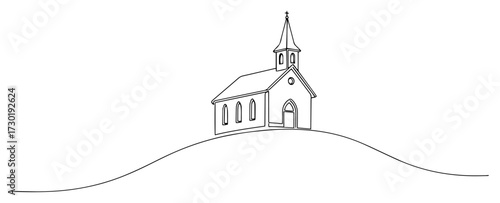 One Single Line Drawing of a Church on a Hilltop