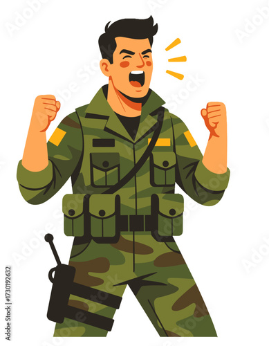 Male Soldier Army Military Shout Expression Aggression War Veteran Character