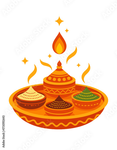 Diwali Festival Traditional Pooja Thali Clay Lantern Flame