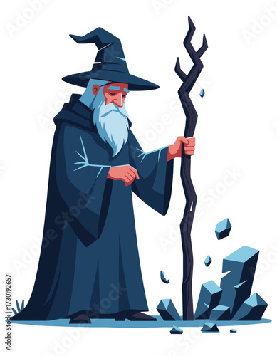 Wise Old Wizard Sorcerer Holding Magic Staff Fantasy Character