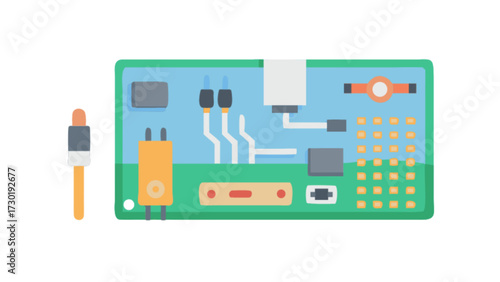 Illustration of a green circuit board with various components and a connector cable nearby shown flatly