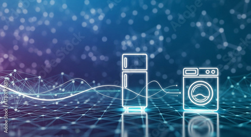 Digital transformation concept showing a refrigerator and washing machine connected to a digital network on blue background