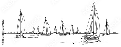 Continuous Line Art of a Sailboat Regatta on the Sea