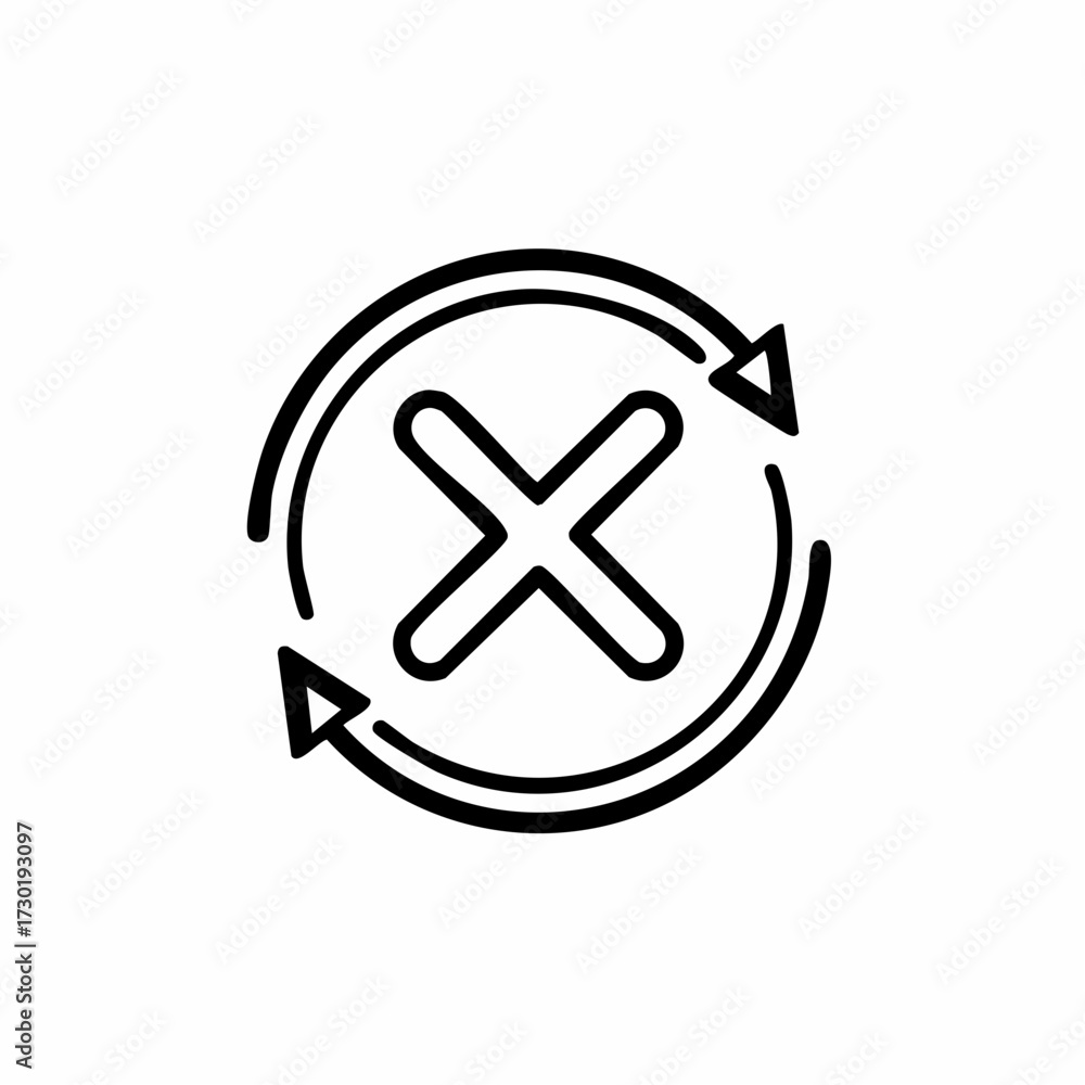Obraz premium Minimalist line icon with a cross mark inside circular refresh arrows, symbolizing a failed update, sync error, process cancellation, or retry error