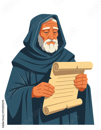 Old Monk Reading Ancient Scroll Wise Scholar Manuscript Knowledge