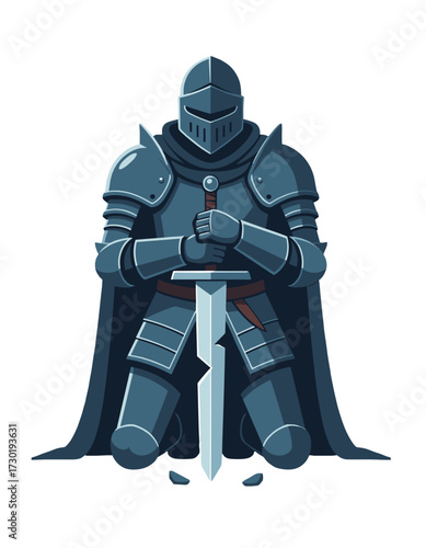 Armored Knight Kneeling Sword Medieval Warrior Mascot
