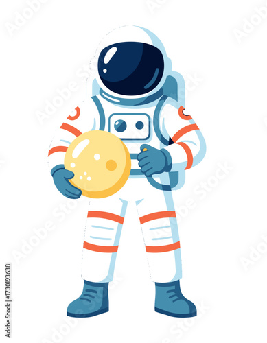 Astronaut Holding Moon Space Exploration Flat Cartoon Character Vector